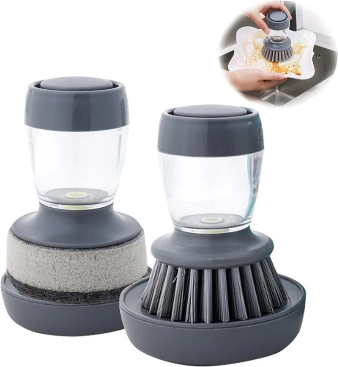 Afwasborstel Met Zeepdispenser – Met 3 Verschillende Opzet Stukken – Inclusief Houder – Grijs – Afwas Borstel Zeepreservoir – Zeep Handborstel – Doseerpomp – Afwasmiddel Dispenser – Navulbaar 5 Afwasborstel Met Zeepdispenser – Met 3 Verschillende Opzet Stukken – Inclusief Houder – Grijs – Afwas Borstel Zeepreservoir – Zeep Handborstel – Doseerpomp – Afwasmiddel Dispenser – Navulbaar - Image 5