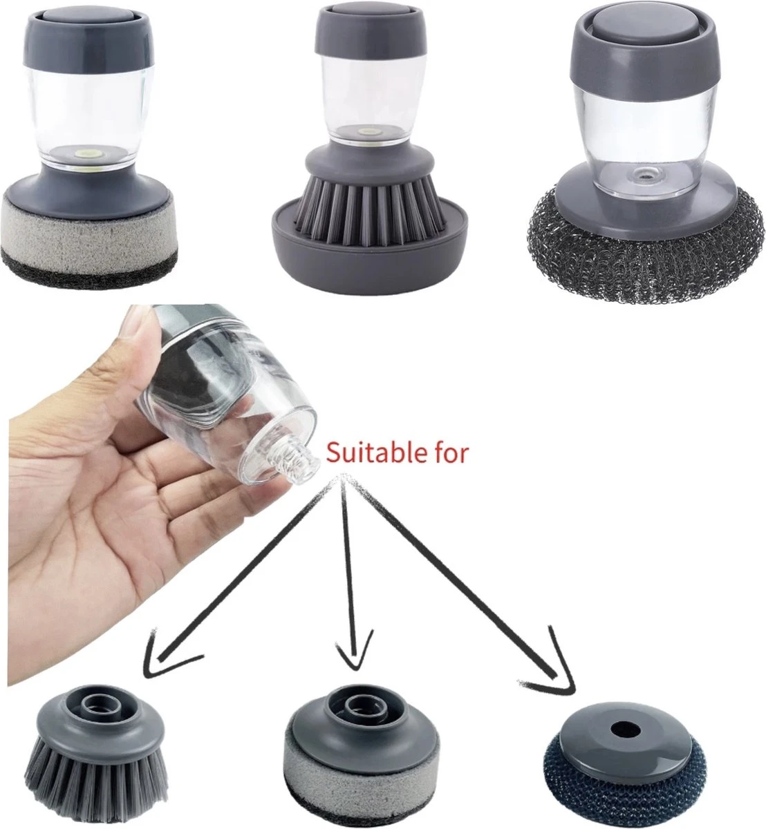 Afwasborstel Met Zeepdispenser – Met 3 Verschillende Opzet Stukken – Inclusief Houder – Grijs – Afwas Borstel Zeepreservoir – Zeep Handborstel – Doseerpomp – Afwasmiddel Dispenser – Navulbaar 1 Afwasborstel Met Zeepdispenser – Met 3 Verschillende Opzet Stukken – Inclusief Houder – Grijs – Afwas Borstel Zeepreservoir – Zeep Handborstel – Doseerpomp – Afwasmiddel Dispenser – Navulbaar