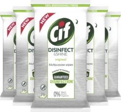 Cif Disinfect & Shine Wipes Doden 99,99% Van De Bacteriën Original Desinfecterende Schoonmaakdoekjes, Van 100% Biologisch Afbreekbaar Textiel 5 X 75 Doekjes -Winkel Voor Schoonmaakartikelen 1200x1111