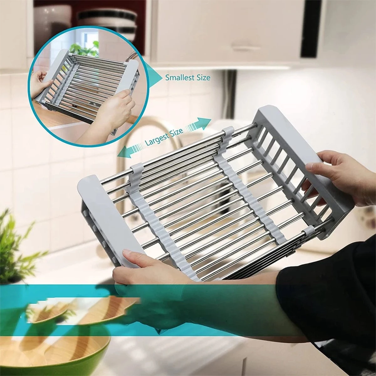 IBright Verstelbare Keukenrek - Gootsteen Mand - Afdruiprek – Vergiet – Verstelbaar In Lengte - Uitschuifbaar - RVS Grijs 2 IBright Verstelbare Keukenrek - Gootsteen Mand - Afdruiprek – Vergiet – Verstelbaar In Lengte - Uitschuifbaar - RVS Grijs - Image 2