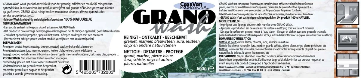 GranoWash REINIGT - ONTKALKT - BESCHERMT Graniet, Marmer, Blauwsteen, Jura, Leisteen, Onyx En Andere Natuurstenen 600g 2 GranoWash REINIGT - ONTKALKT - BESCHERMT Graniet, Marmer, Blauwsteen, Jura, Leisteen, Onyx En Andere Natuurstenen 600g - Image 2