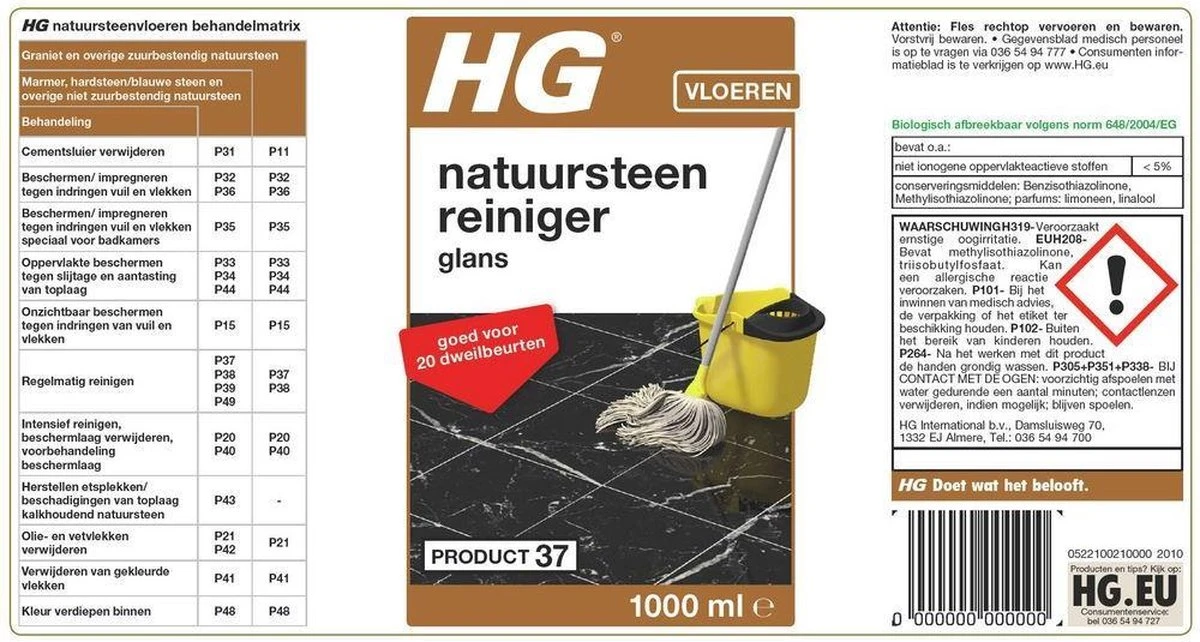 HG Natuursteenreiniger Glans (product 37) - 1L - Voor Regelmatig Gebruik Van Marmer En Kalkhoudend Natuursteen 3 HG Natuursteenreiniger Glans (product 37) - 1L - Voor Regelmatig Gebruik Van Marmer En Kalkhoudend Natuursteen - Image 3