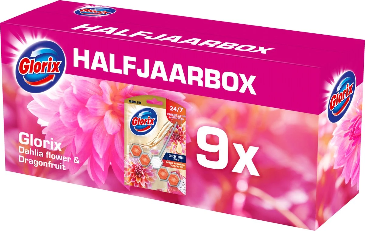 Glorix Aroma Lux Dahlia Flower & Dragonfruit - 9 Toiletblokken - Halfjaarbox - Voordeelverpakking 3 Glorix Aroma Lux Dahlia Flower & Dragonfruit - 9 Toiletblokken - Halfjaarbox - Voordeelverpakking - Image 3