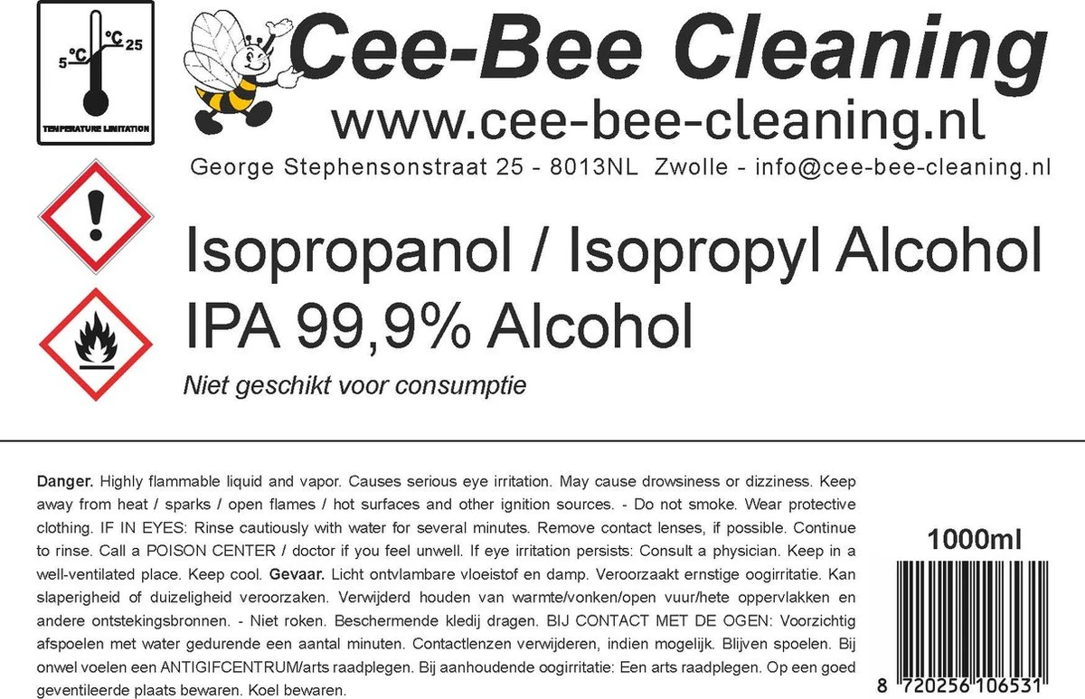 Cee-Bee Isopropanol | Isopropyl | IPA 99.9% Alcohol | 1000 Ml | 3 Flessen á 1 Liter | 3 Liter 2 Cee-Bee Isopropanol | Isopropyl | IPA 99.9% Alcohol | 1000 Ml | 3 Flessen á 1 Liter | 3 Liter - Afbeelding 2