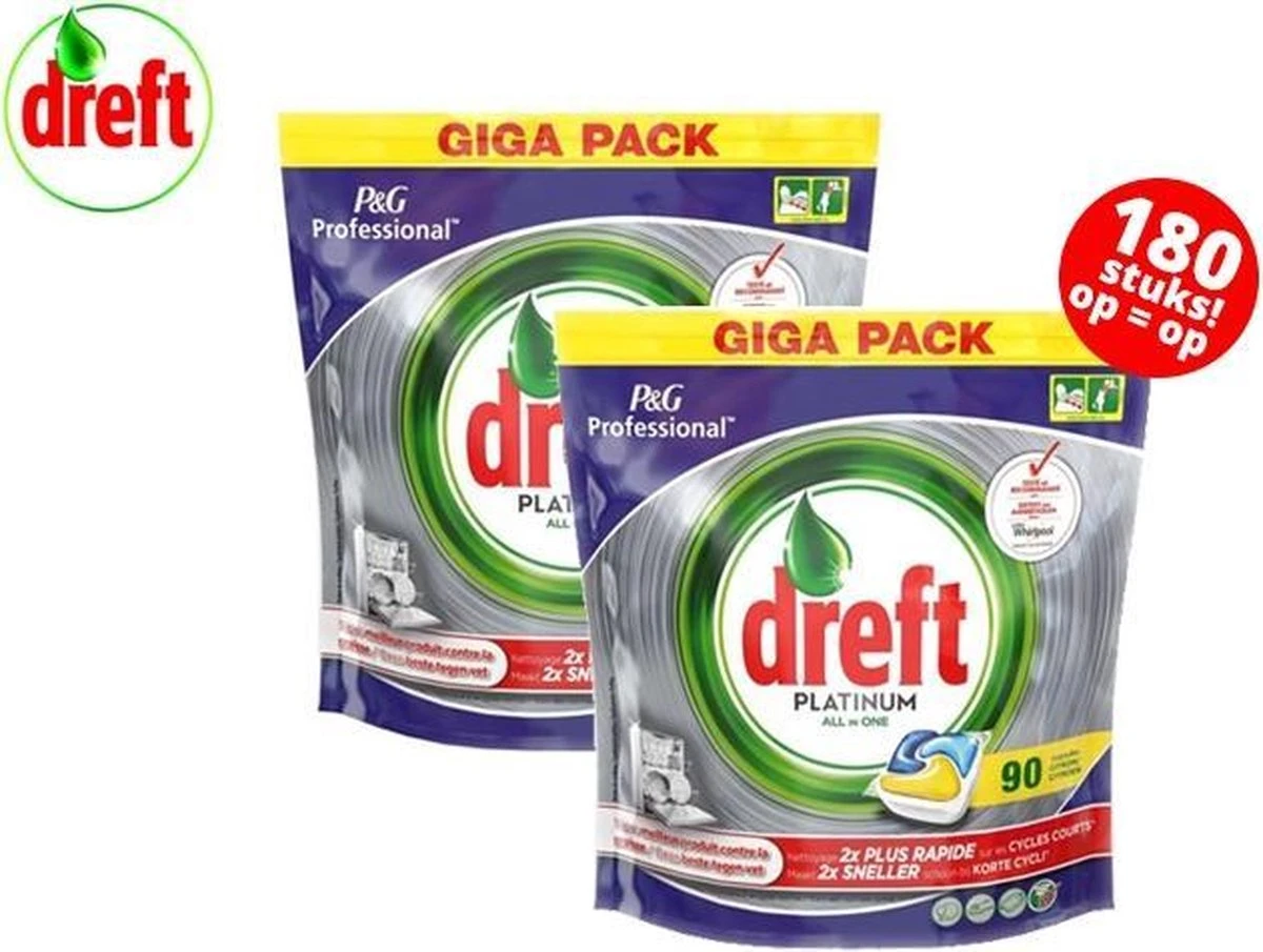 Dreft Platinum All In One Lemon Vaatwastabletten - 180 Stuks 1 Dreft Platinum All In One Lemon Vaatwastabletten - 180 Stuks