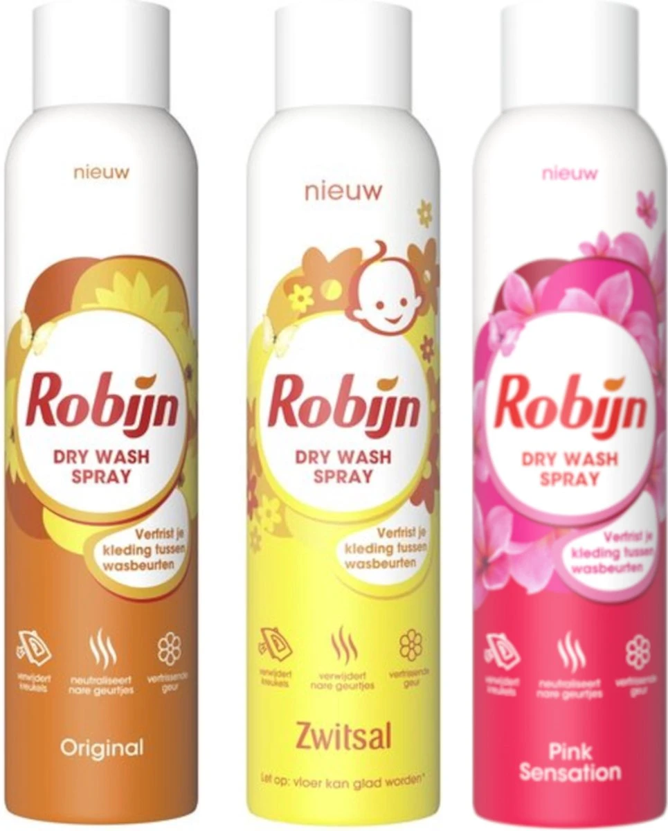 Robijn Dry Wash Spray MIX - Zwitsal / Pink / Original - Voordeelverpakking 3 X 200 Ml 1 Robijn Dry Wash Spray MIX - Zwitsal / Pink / Original - Voordeelverpakking 3 X 200 Ml